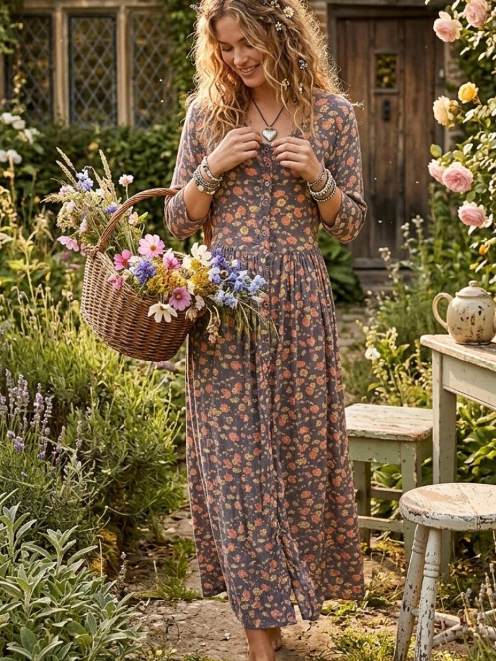 Vintage 90s Two Roads Blue Floral Button Up Rayon Maxi Dress Small